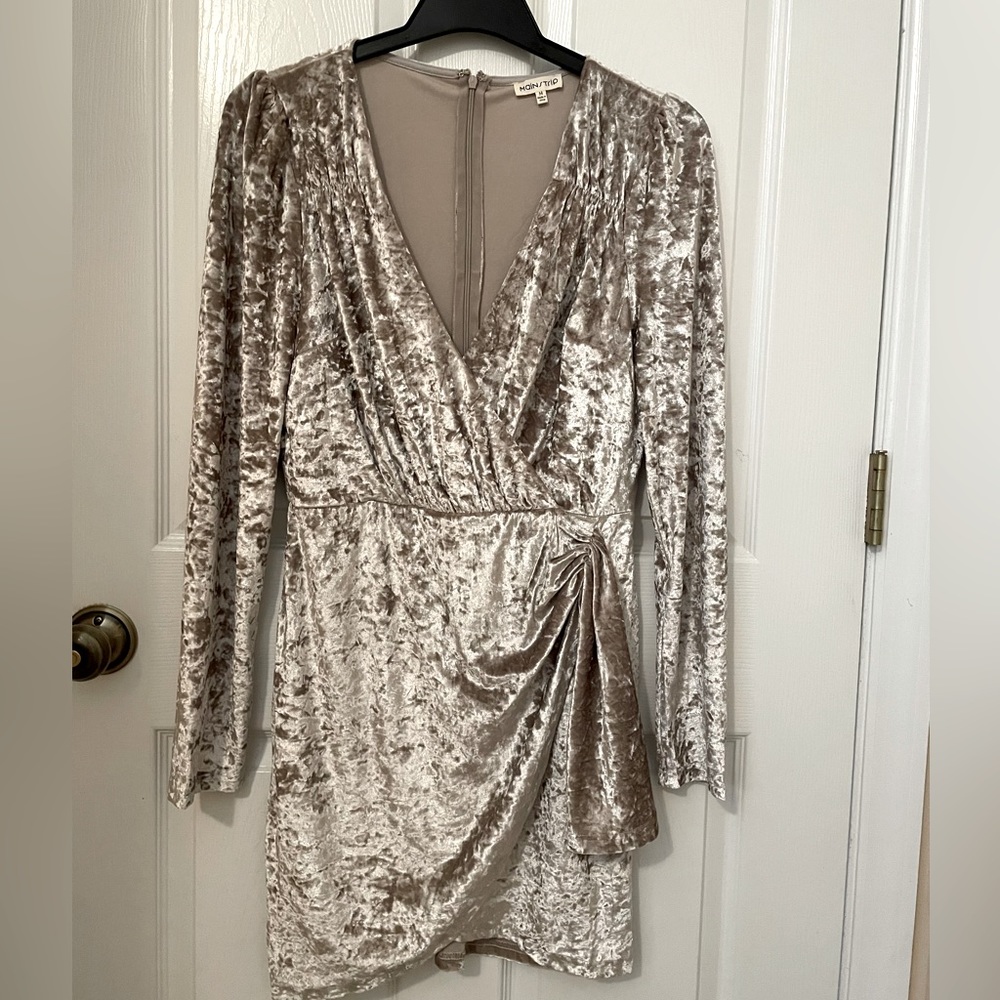 Main Strip | Champagne V Neck Mock Wrap Velvet Dress | MIDI |